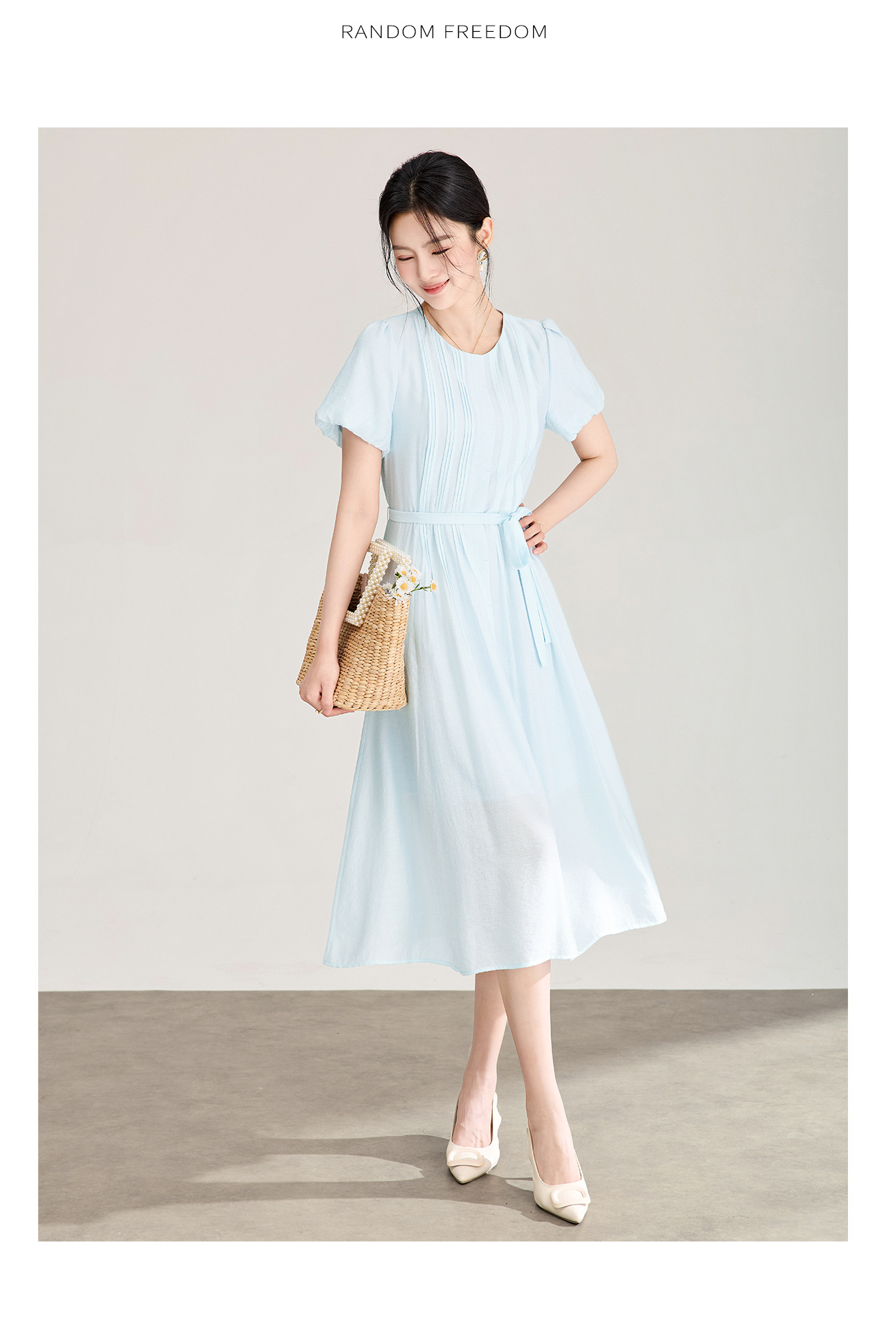 Đầm maxi nữ cổ tròn thắt lưng ren dáng dài — xanh lam chi tiết 15