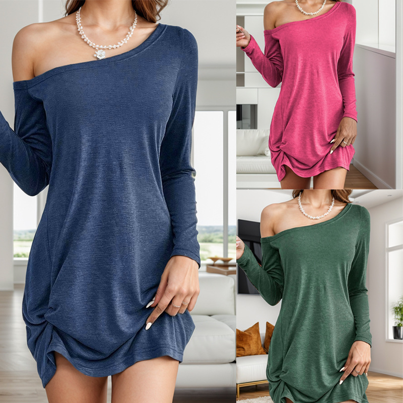 2024 European and American Hot Selling Spring and Autumn New European and American Long Sleeve Loose Solid Color T-Shirt Casual dress Women's Clothing