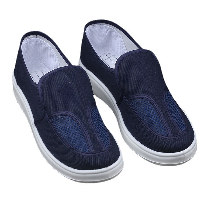 夏季透气工作鞋防尘PU底蓝帆布双网洁净鞋 低帮透气厂房防静电鞋