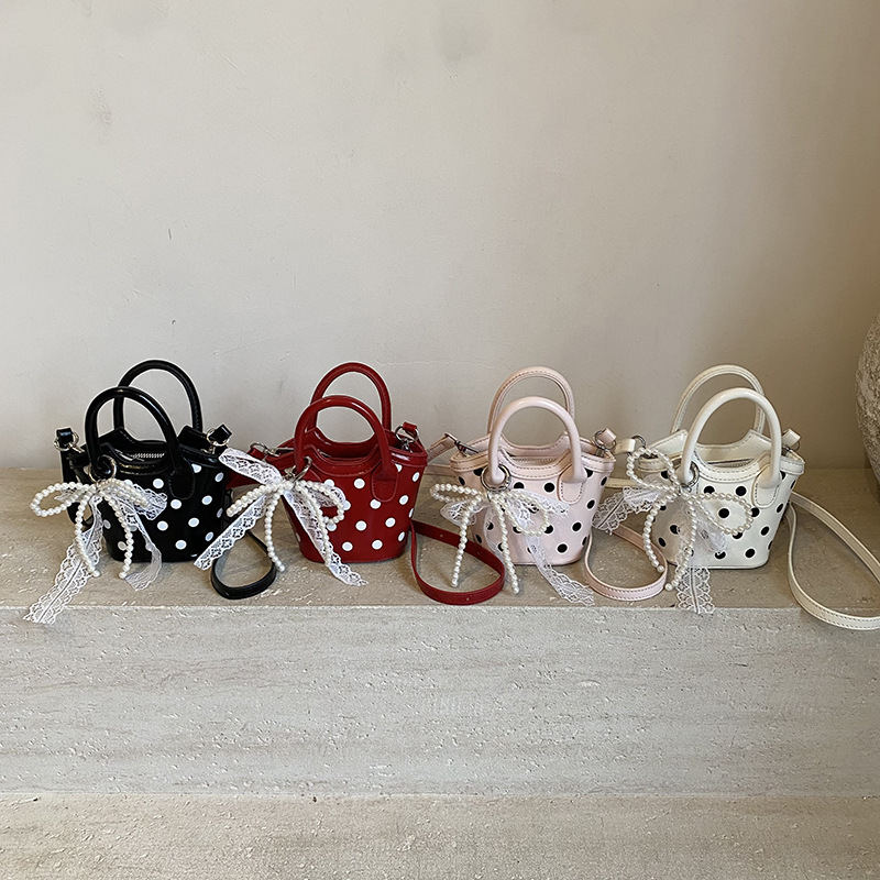 子供バッグ秋と冬の新しいレトロなオイルレザーポルカドットプリントミニハンドバッグ女の子親子クロスボディバッグ口紅バッグ|undefined