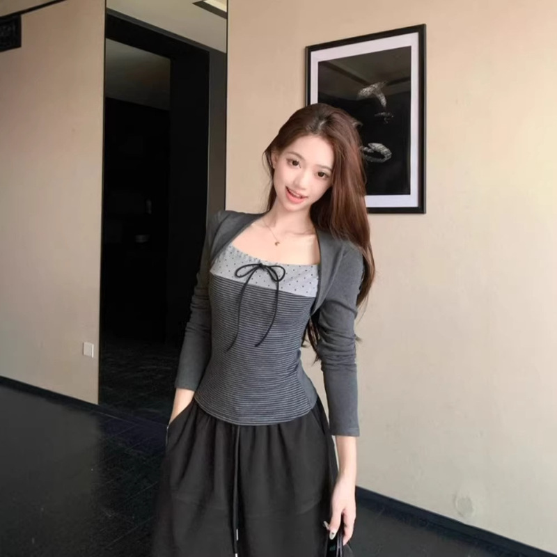[260g Rayon Modal] Square Neck Tie-Up Long-Sleeve T-Shirt for Autumn and Winter, Slim-Fit, Flattering, Faux Two-Piece Top