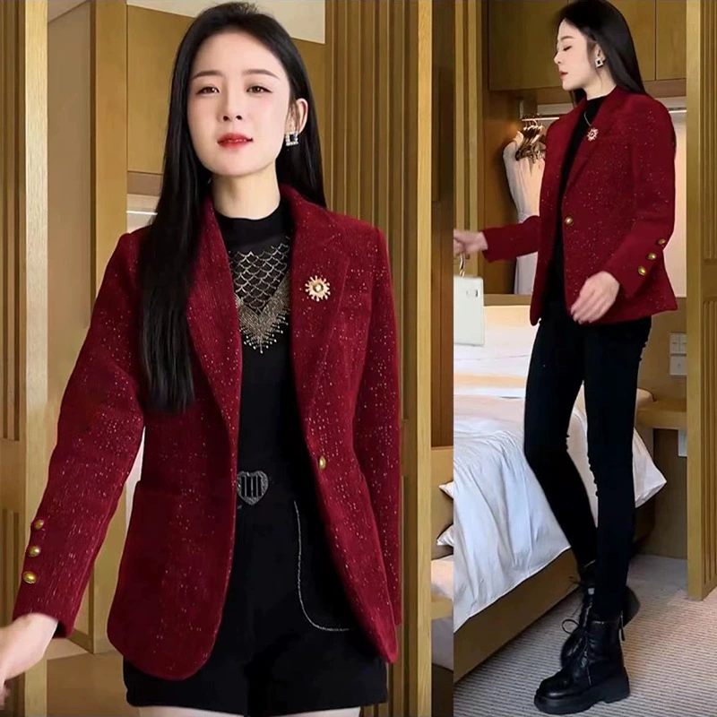Spring red classic suit jacket, increased thickness, western style, Chanel style