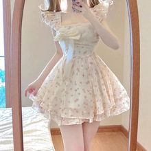 小清新碎花纱裙甜美减龄小个子蓬蓬公主裙收腰显瘦A字裙小飞袖