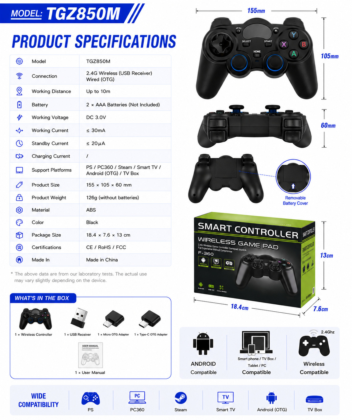 Controlador inalámbrico 2.4G compatible con Android, P3/Steam TV Box, TVBOXPC360