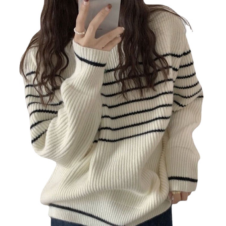 韓国スタイルのレイジーな黒と白のストライプの女性用プルオーバーセーター、秋冬の新しいゆったりとした柔らかいラウンドネックニットセーター、女性用ジャケット|undefined