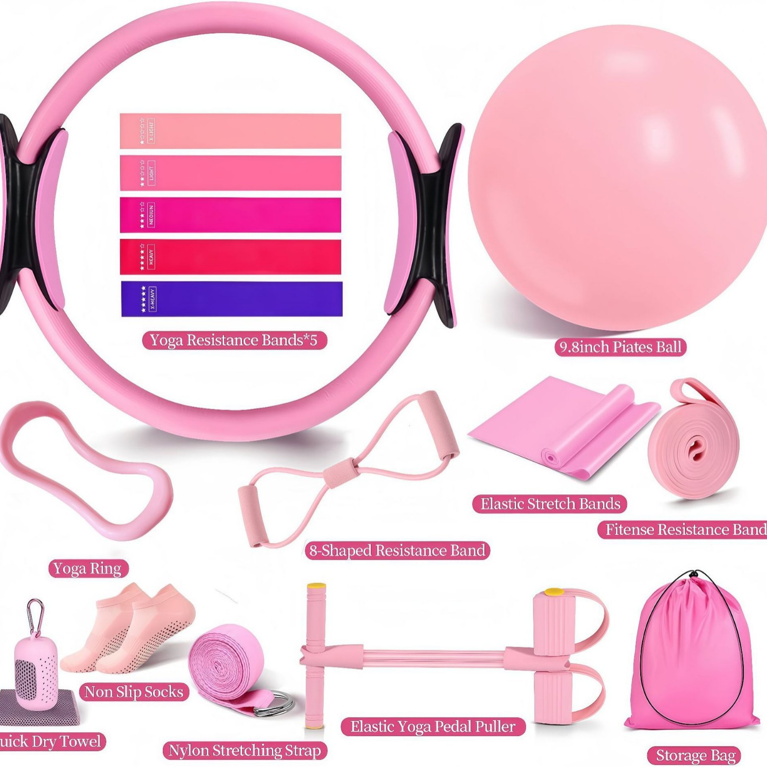 Pilates Resistance Circle Set of 16 Pieces, Suitable for Home Yoga Exercises, Foot Pedal, Resistance Band
