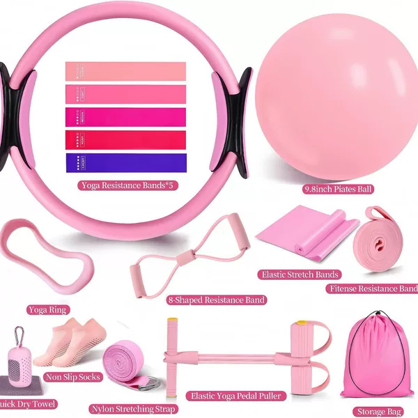 Pilates Resistance Circle Set of 16 Pieces, Suitable for Home Yoga Exercises, Foot Pedal, Resistance Band
