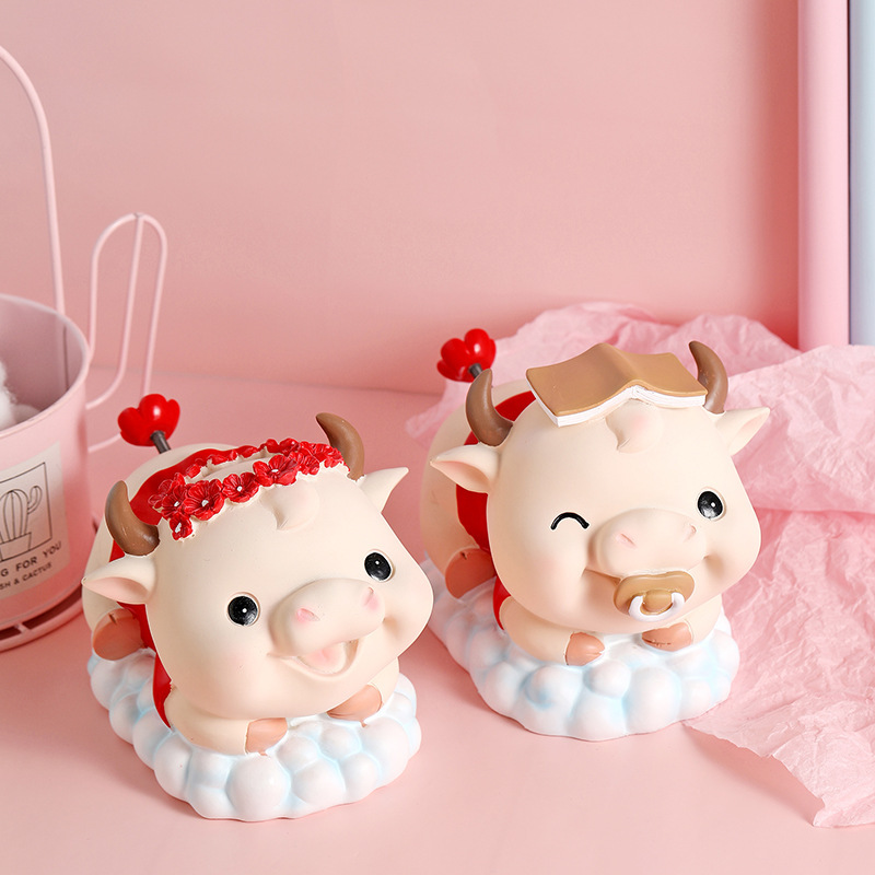 牛年大吉店铺收银台摆件卡通可爱招财牛树脂存钱罐客厅卧室装饰品