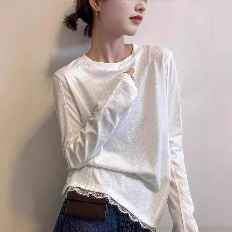 European Lace Splicing Snowflake Cotton Long-Sleeved T-Shirt for Women 2025 Autum New Style Simple Inner Layering Shirt Top Trendy