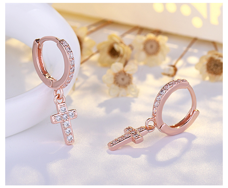 Copper Material 1 Pair Simple Style Cross Plating Copper Zircon Drop Earrings