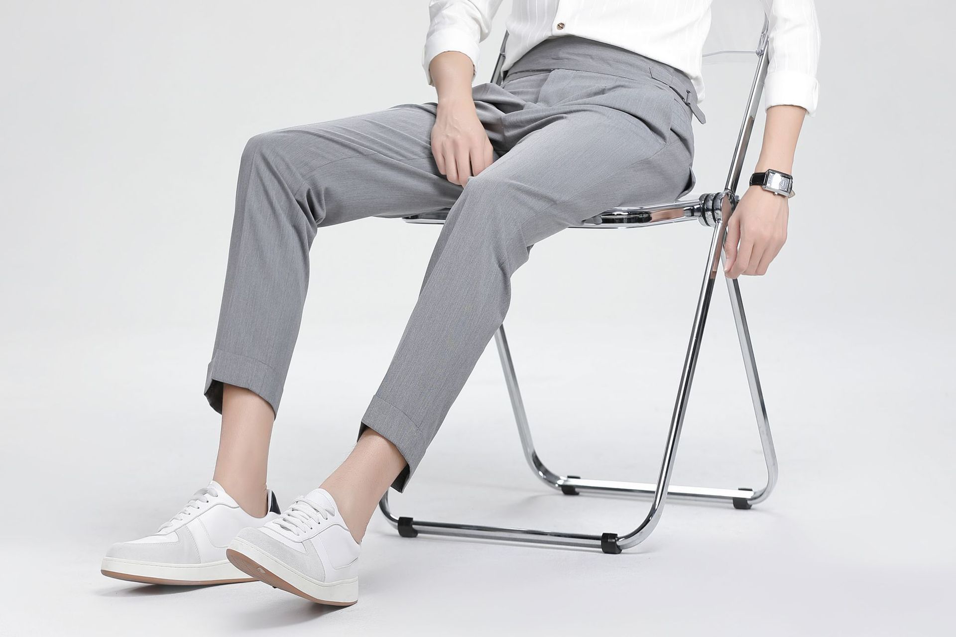 Nápoles traje pantalones hombres pantalones recortados negro drapeado negocio casual cintura alta traje Pantalones slim fit primavera y verano