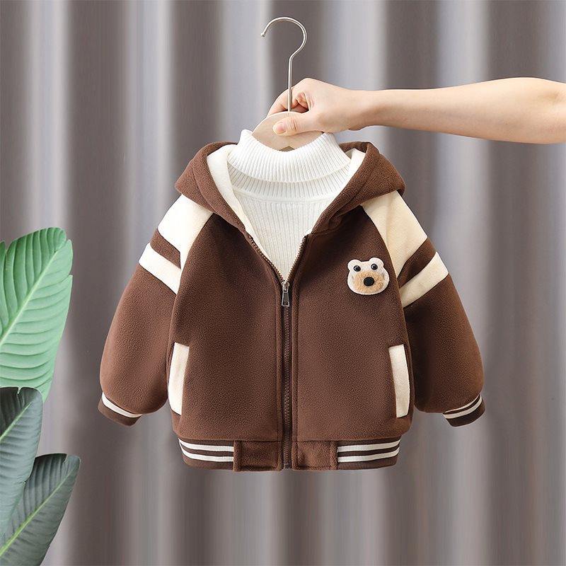 (2개) 소년 곰 코트 2024 년 가을과 겨울 새로운 어린이 기모 두꺼운 최고의 동계 올림픽 곡물 양털 후드 옷