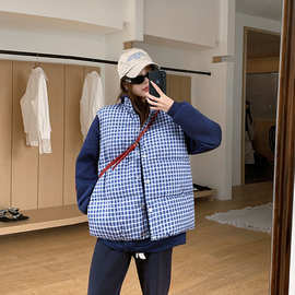 韩系格子棉服马甲女2026冬季加厚保暖叠穿外穿坎肩面包服背心马夹