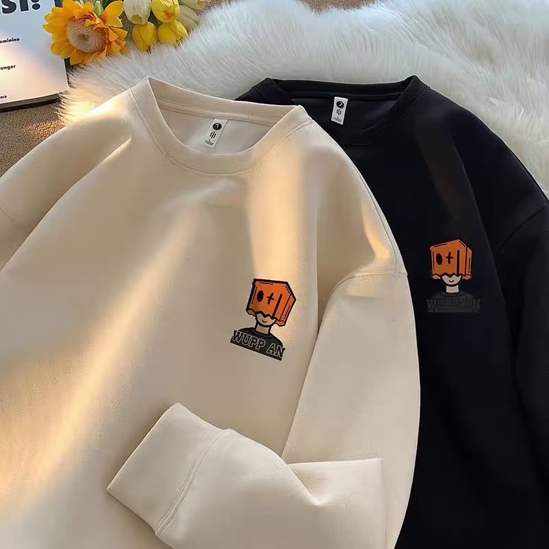 Cuello redondo de lana forrado suéter de los hombres de otoño e invierno americano retro pullover Top Ruan guapo pesado casual Abrigo con capucha suelta