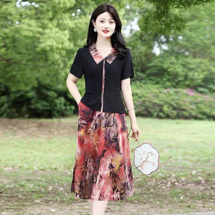 Модное летнее платье для мамы, новое стильное платье с короткими рукавами, летняя благородная элегантная шифоновая юбка для женщин среднего и пожилого возраста