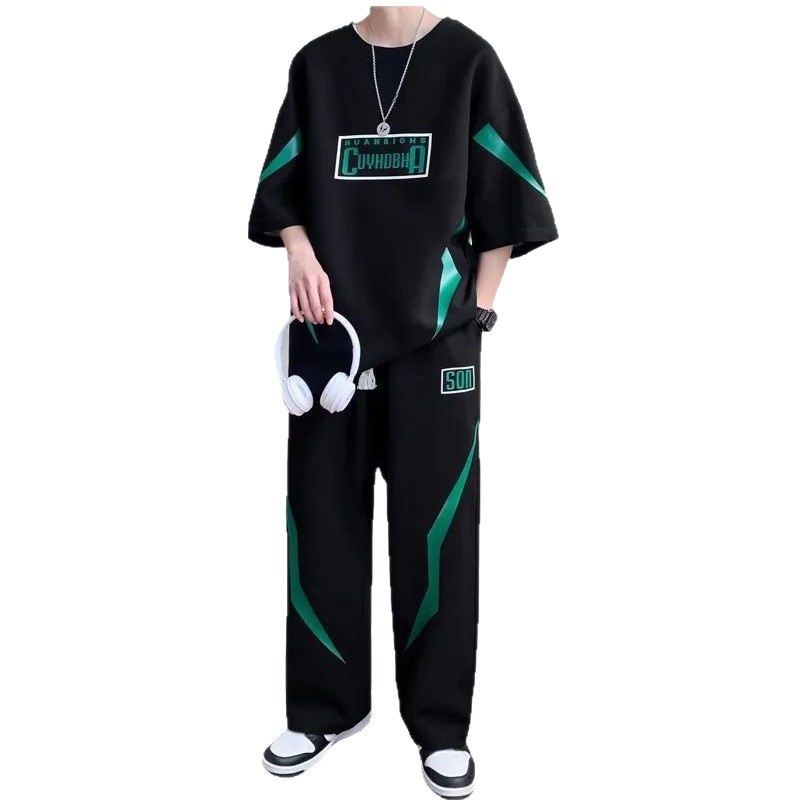 Men's Summer Casual Sports Suit Short Sleeved Trendy Fashion For Teenagers High School Students Cool Stylish Long Pants_viptrois.com