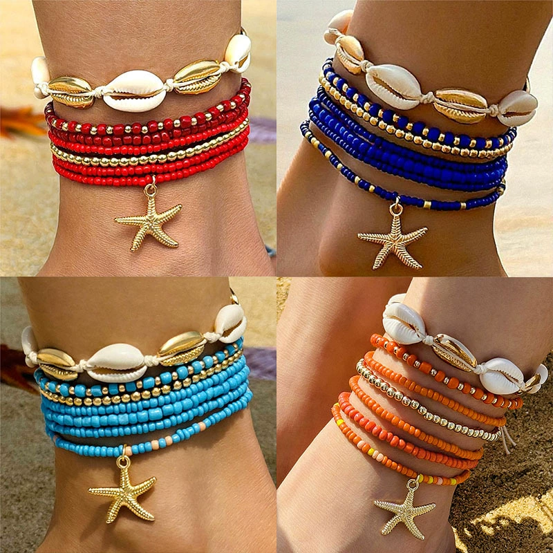 Трансграничный богемный курортный стиль, плетеный браслет из бисера, пляжный стиль, морская звезда, рисовая бусина, браслет из семи предметов