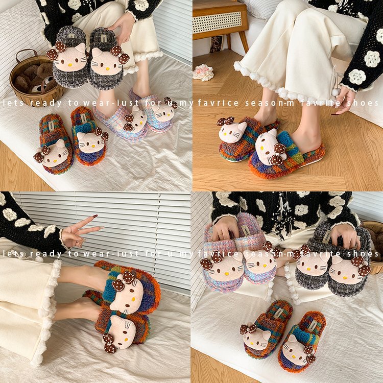 Cross-Border Foreign Trade Autumn and Winter Personalized Rainbow Stripe Kt Cat Closed-Toe Women's Home Cotton Slippers Couple Style Wholesale Customization