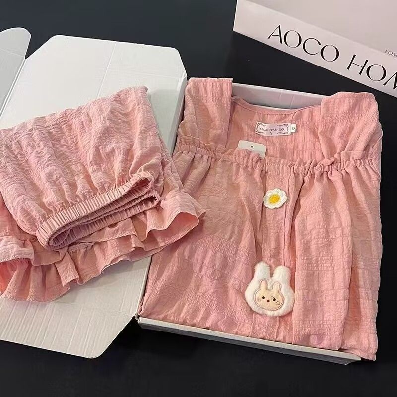 Venta al por mayor transfronteriza de verano con almohadilla para el pecho pijamas de algodón de nube pantalones cortos de manga corta para mujer estilo palacio conejo color sólido traje de servicio a domicilio