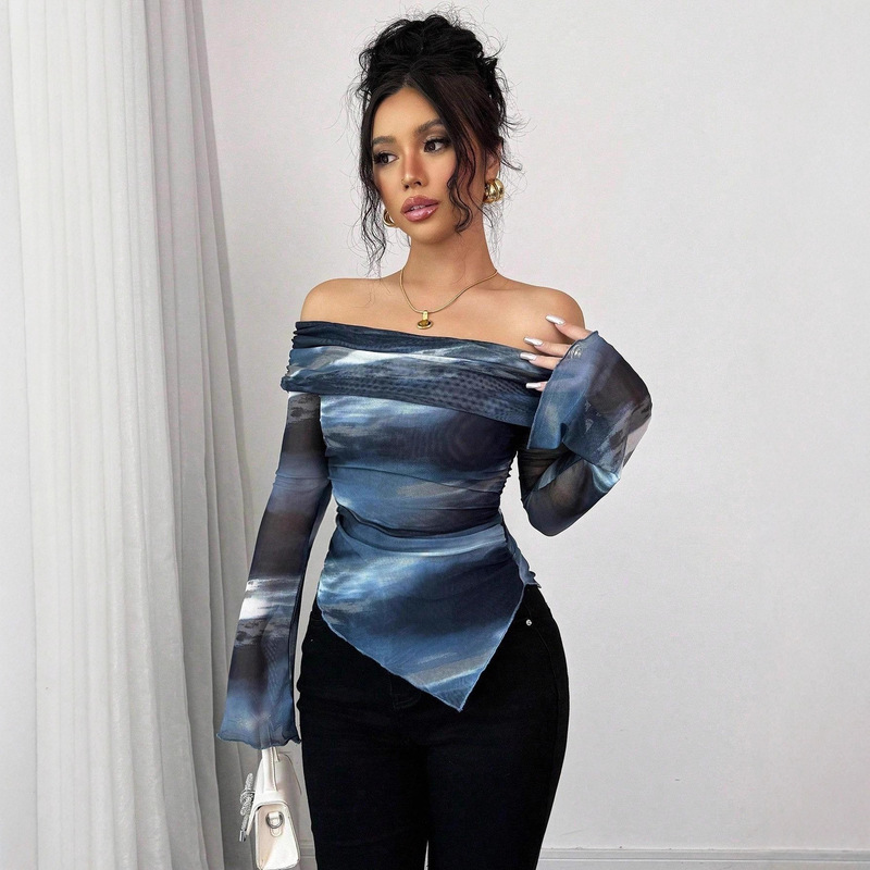 European and American Cross-Border 2025 New Women's Knitted Mesh Printed One-Line Collar Off-Shoulder Long-Sleeved Slim T-Shirt Tops for Women European and American Cross-Border 2025 New Women's Knitted Mesh Printed One-Line Collar Off-Shoulder Long-Sleeved Slim T-Shirt Tops for Women