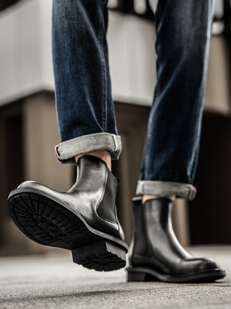 Scarpe da uomo inglesi alte da lavoro stivali spessi suola tonda testa strato di pelle bovina_voghion.com