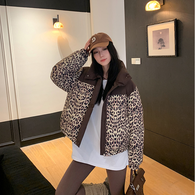 豹纹羽绒棉服女短款2025冬季新款加厚保暖面包服chic立领棉衣外套|undefined