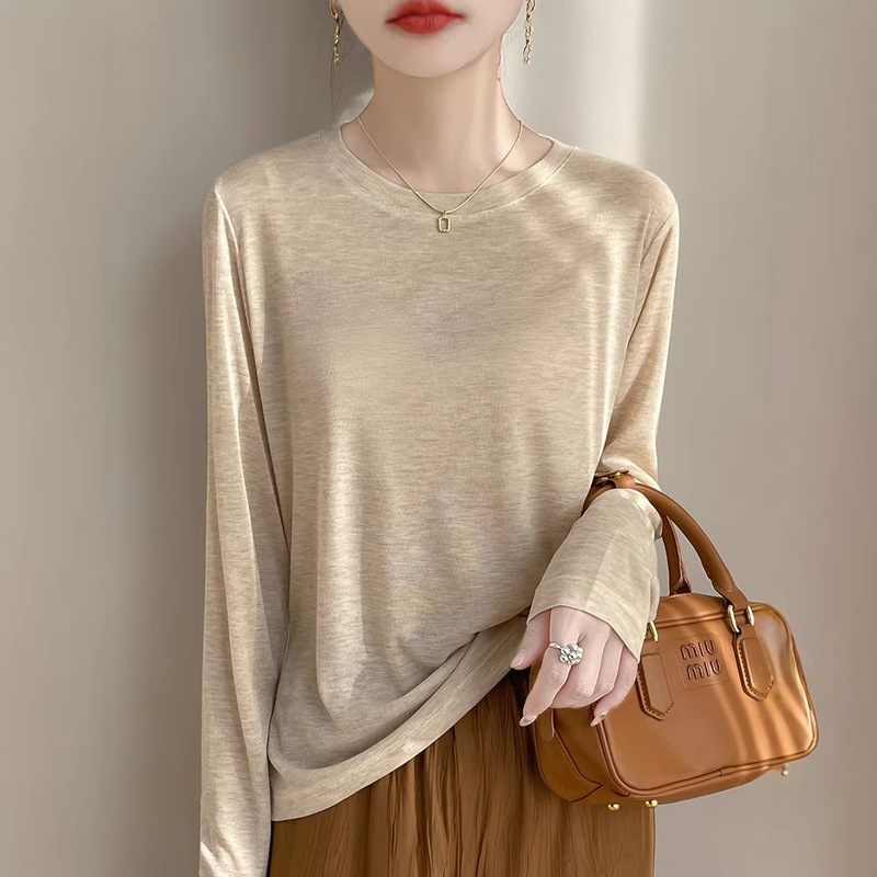 Solid Color Basic Round Neck Thin Lyocell Knit Base Shirt Women's Long-Sleeve T-Shirt Loose Casual Top Solid Color Basic Round Neck Thin Lyocell Knit Base Shirt Women's Long-Sleeve T-Shirt Loose Casual Top