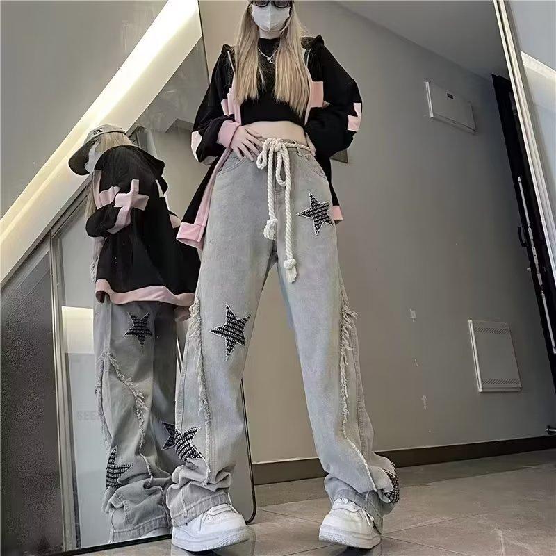High Street Flared Ripped Light Blue Jeans Couple Loose Patchwork Casual Pants Men Hip Hop 2025 Trend_viptrois.com