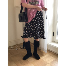 韩国东大门秋季新款复古波点木耳荷叶边系带减龄百搭高腰半身裙女