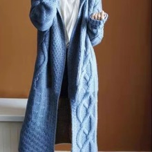 跨境外贸出口女装chic韩国中长款慵懒风宽松开衫麻花粗线毛衣外套