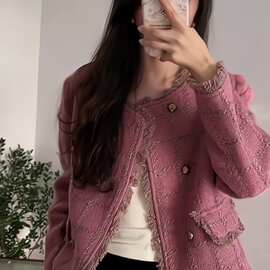 韩版秋冬新款时尚小香风名媛粉色小个子短款感正肩外套女欧美
