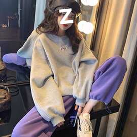 韩版流行圆领灰色卫衣女春秋薄款2024新款宽松套头上衣时尚外套潮