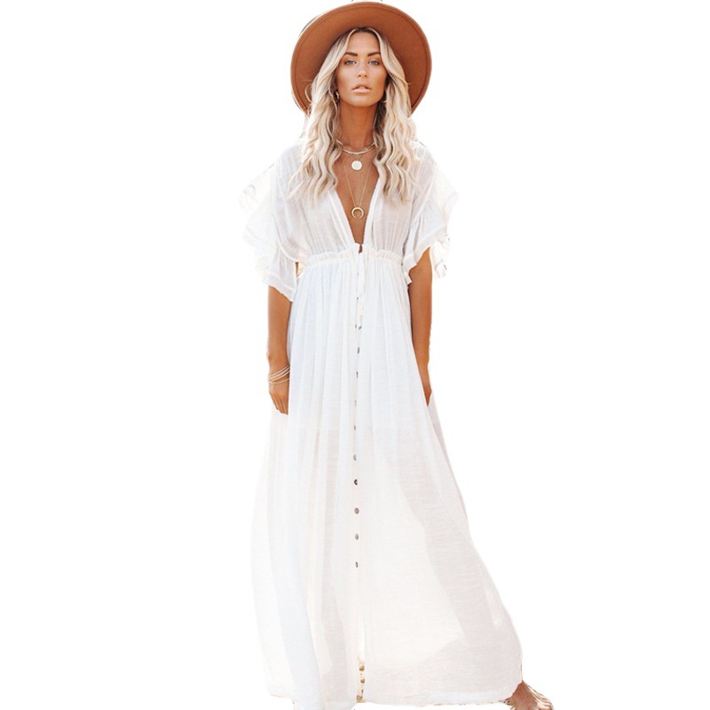 2023 transfronterizo europeo y americano verano nuevo paño de bambú de un solo pecho Cordón de protección solar blusa bikini Vestido de playa