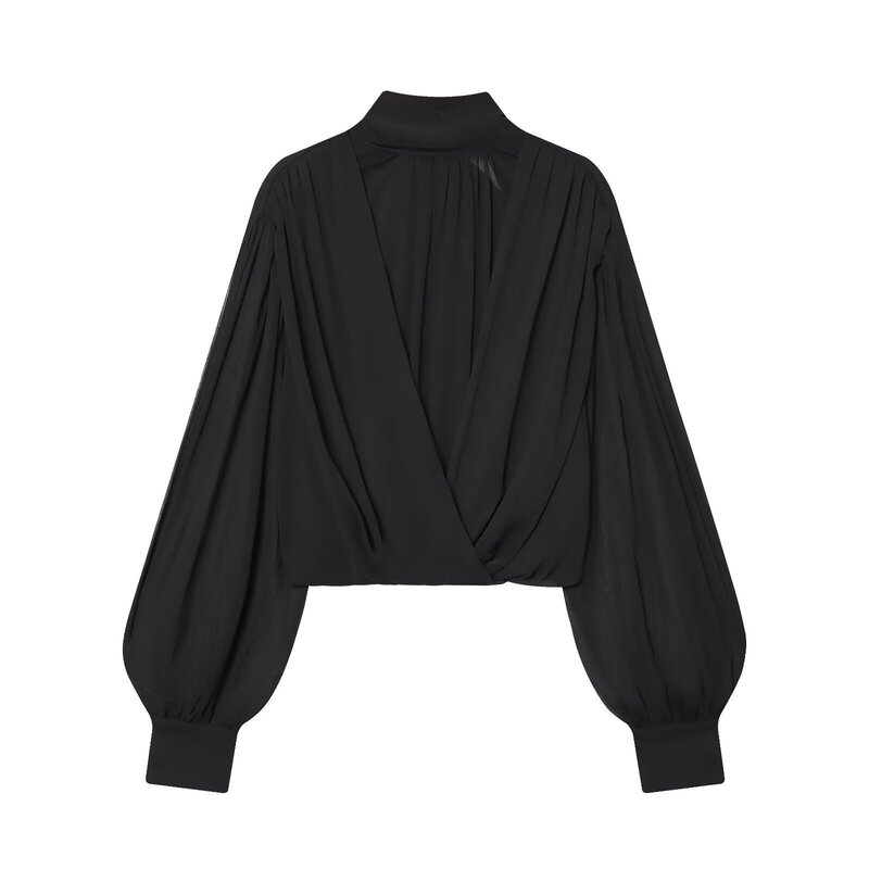 Aliexpress Wholesale Autumn New Women's Versatile Stand Collar Pleated Semi-Transparent Balloon Style Top 3666187