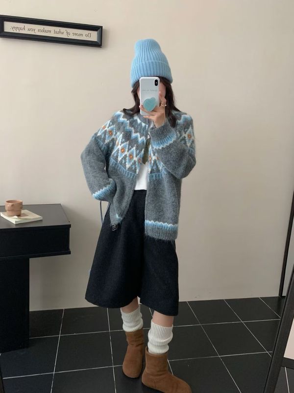 韩版复古费尔岛菱形提花拉链针织毛衣女秋冬新款慵懒百搭小众开衫|undefined
