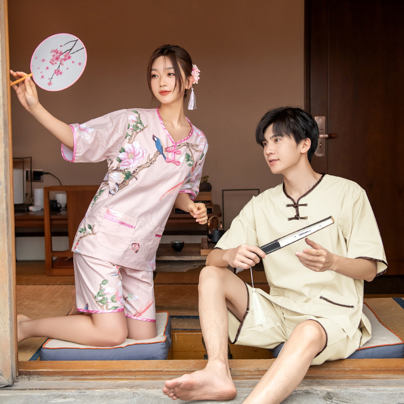 安睿倪2023新款中国风印花汗蒸服理疗按摩男女款盘扣家居浴服情侣
