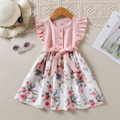 9343 Children's Summer Outfit, Small Children's New Girls' Spring Summer Flowered Edge Sleeve Frilled Princess Dress with Ties