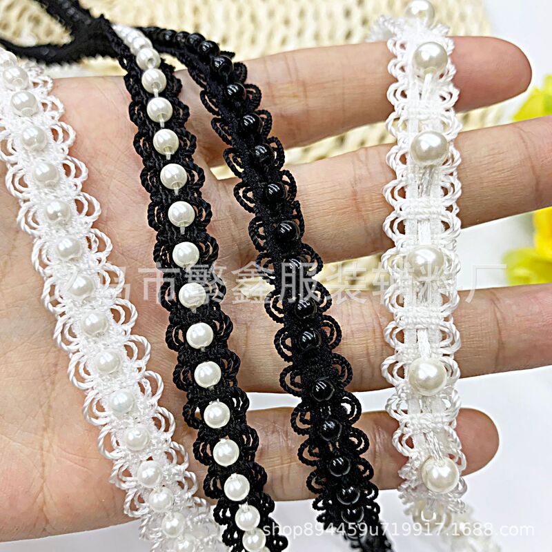 SOURCE Micro-elastic pearl beaded lace clothes Hanfu leader accessories diy Pearl ribbon bar code in stock