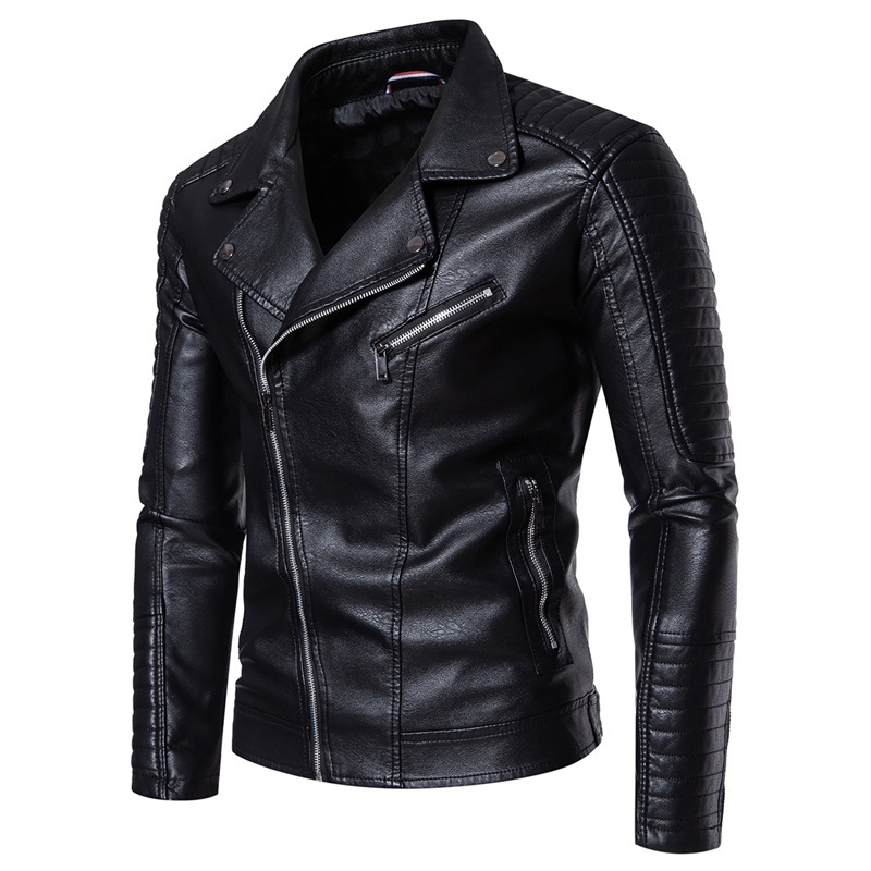 跨境外贸男士高档品质PU皮夹克春秋薄款斜拉链立领皮外套机车服男