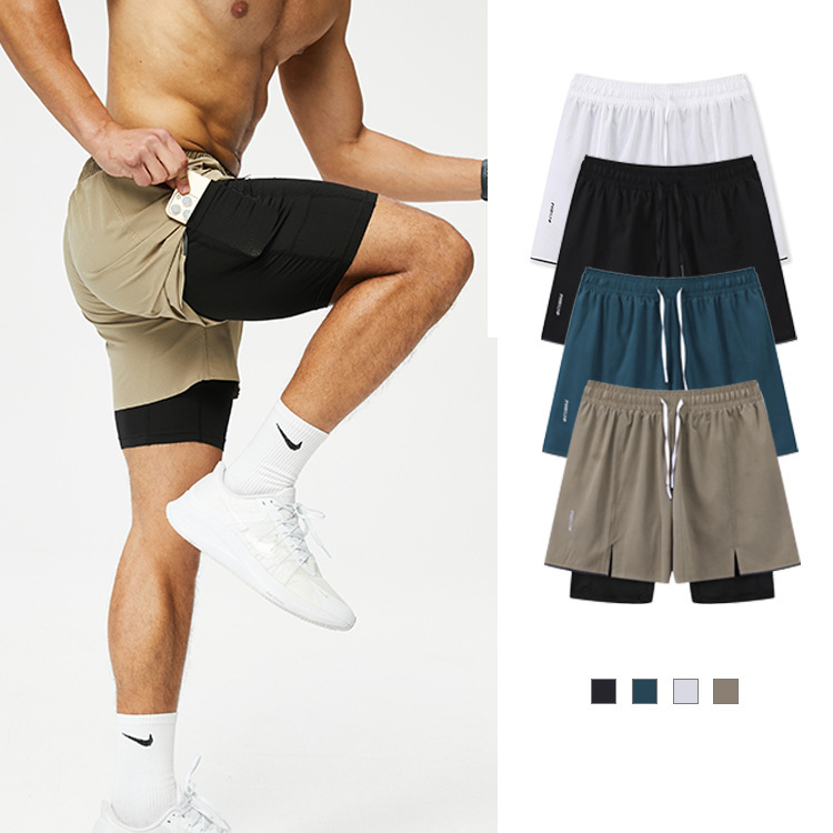 Quick-drying side pocket fake two-piece American basketball pants men's breathable but knee running training three-point sports shorts
