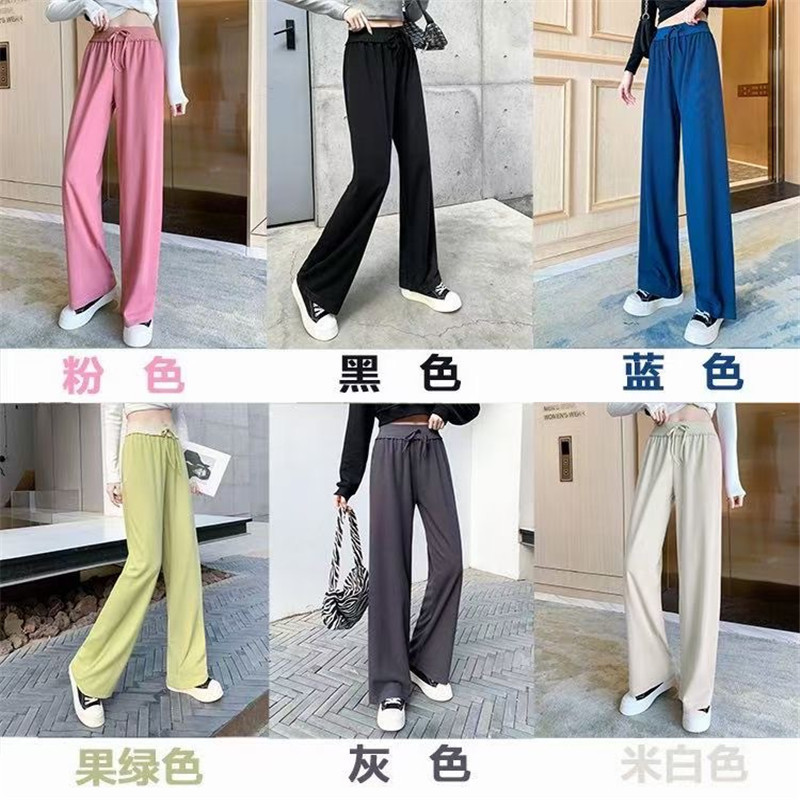 米卡褲春夏新款都市休閑時尚寬松型九分寬松高腰系帶藍色闊腿褲女