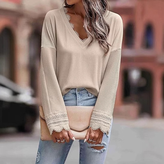 2023 New Women's V-neck Lace Crochet Autumn Long Sleeve Shirt Sexy Casual Fashion Clothing Belted Top