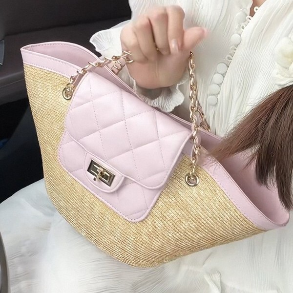 Vacation Style Basket-Style Hand-Woven Bag for Women, Beach Bag, Straw Bag, Versatile Chain Shoulder Tote Bag