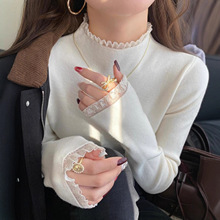 蕾丝半高领针织打底衫女2025年秋冬季新款设计感毛衣修身针织上衣