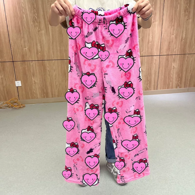 Hello Kitty, фланелевая мультяшная демисезонная теплая брюки