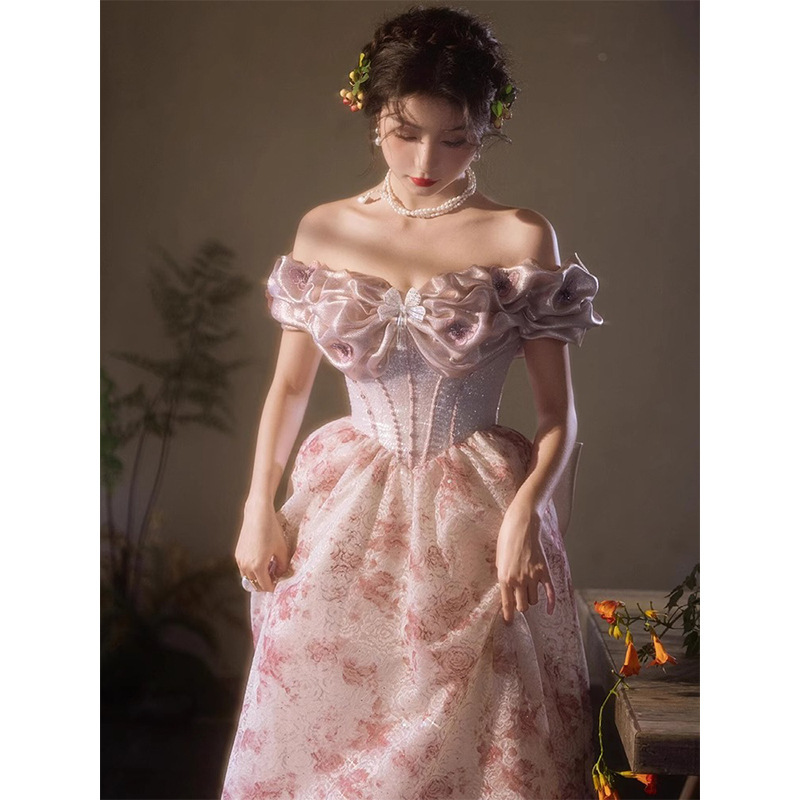 French Retro Toast Dress 2026 New Banquet Engagement Dress High-End Light Luxury Niche Off-Shoulder Robe for Women