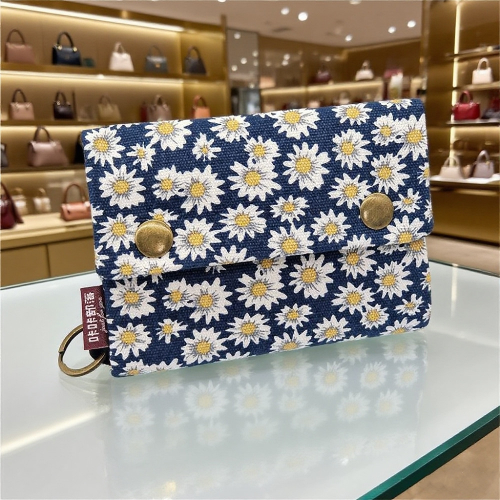 Cartera de lona de mezclilla triple con estampado de dibujos animados creativo, simple para hombres y mujeres, estuche para tarjetas de lona, estuche para llaves