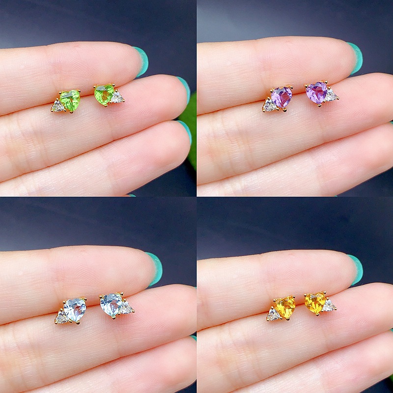 The New S925 Sterling Silver Heart-Shaped Earrings Are Inlaid with Various Natural Colored Gemstones, Featuring a Fashionable, Simple, and Unique Design That Is Both Beautiful and Versatile