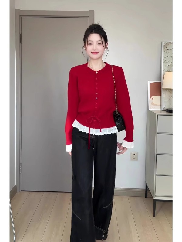 红色针织衫毛衣女秋季新款甜美风设计感荷叶边系带长袖打底衫上衣|undefined