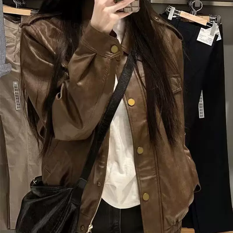 美式复古皮衣外套女春秋设计感小众宽松百搭短款夹克上衣ins潮牌